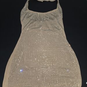 Glamorous Beige Rhinestone Mini Halter Dress
